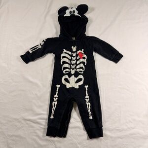 Disney Store Mickey Mouse Skeleton Glow in the Dark Baby Romper Hooded 9-12M